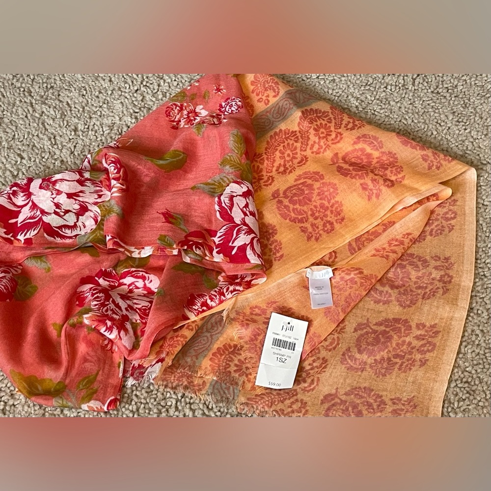 J.Jill NWT lightweight Pink, Orange, Coral Floral with fringe ends scarf